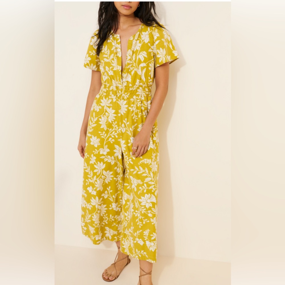 Anthropologie Yellow Floral Short-Sleeve Jumpsuit